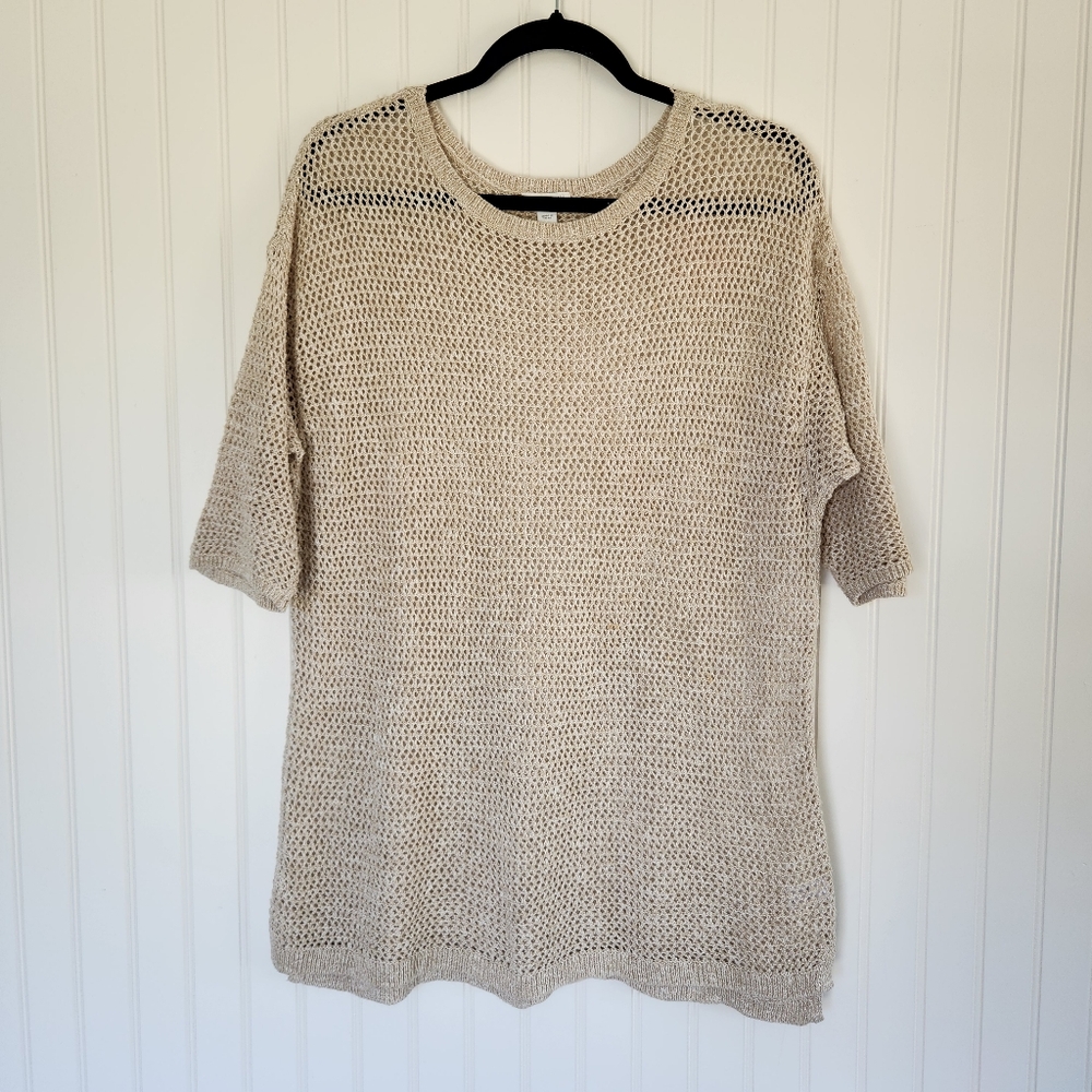 J. JILL Tan Open Knit Beach Natural Coastal Linen Cotton Blend Blouse Top Large